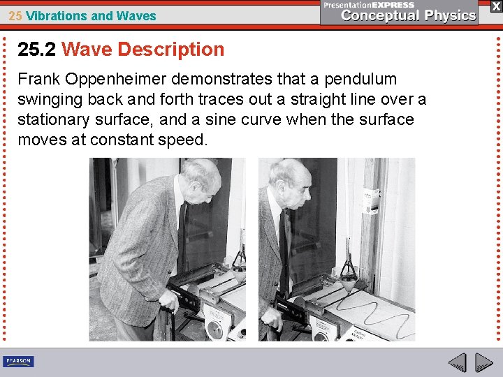 25 Vibrations and Waves 25. 2 Wave Description Frank Oppenheimer demonstrates that a pendulum