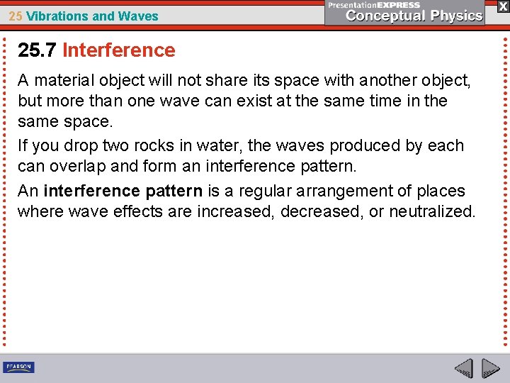 25 Vibrations and Waves 25. 7 Interference A material object will not share its