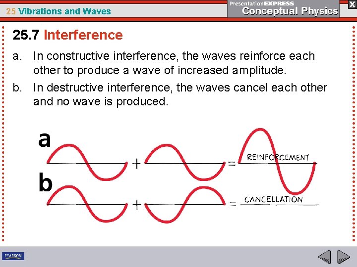 25 Vibrations and Waves 25. 7 Interference a. In constructive interference, the waves reinforce