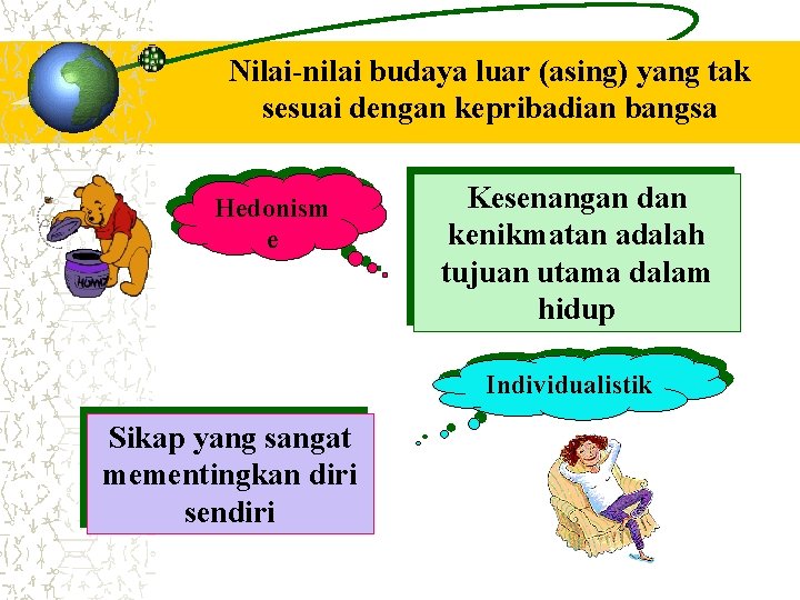 Nilai-nilai budaya luar (asing) yang tak sesuai dengan kepribadian bangsa Hedonism e Kesenangan dan