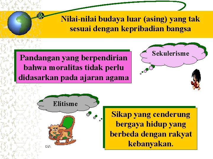 Nilai-nilai budaya luar (asing) yang tak sesuai dengan kepribadian bangsa Pandangan yang berpendirian bahwa Nilai-nilai budaya luar (asing) yang tak sesuai dengan kepribadian bangsa Pandangan yang berpendirian bahwa