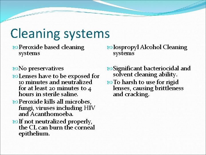Cleaning systems Peroxide based cleaning systems Iospropyl Alcohol Cleaning systems No preservatives Lenses have Cleaning systems Peroxide based cleaning systems Iospropyl Alcohol Cleaning systems No preservatives Lenses have