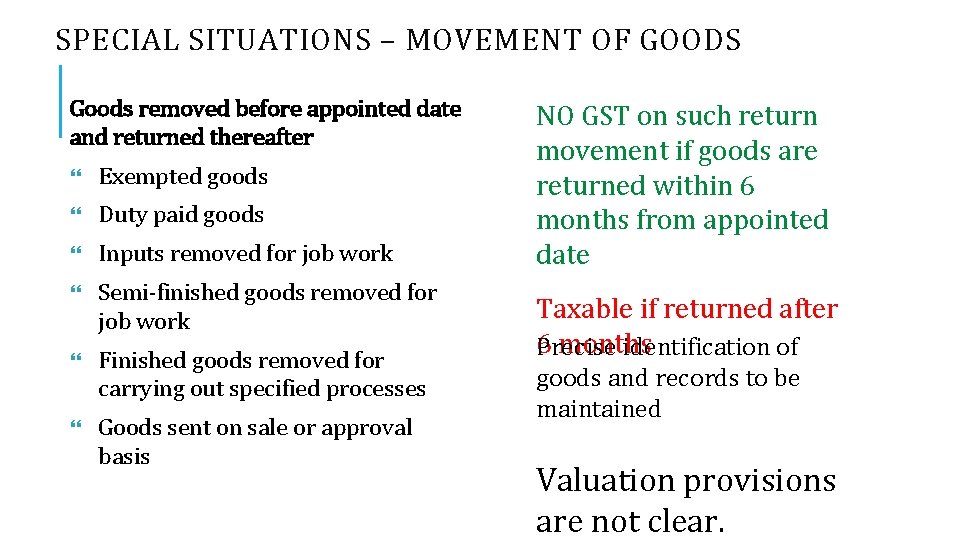 SPECIAL SITUATIONS – MOVEMENT OF GOODS Goods removed before appointed date and returned thereafter