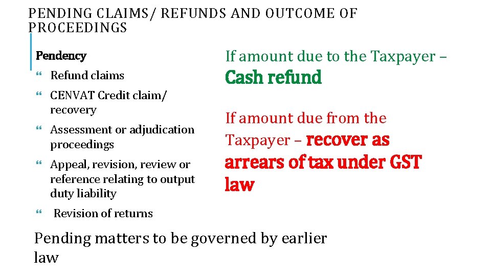 PENDING CLAIMS/ REFUNDS AND OUTCOME OF PROCEEDINGS Pendency Refund claims CENVAT Credit claim/ recovery