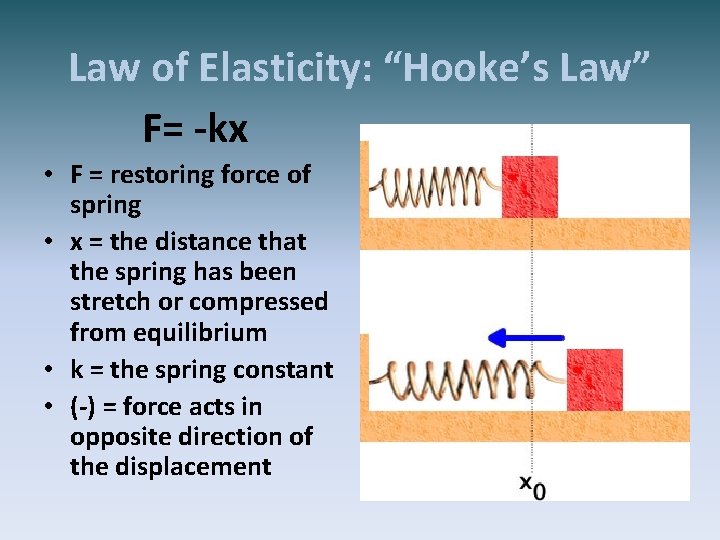 Law of Elasticity: “Hooke’s Law” F= -kx • F = restoring force of spring