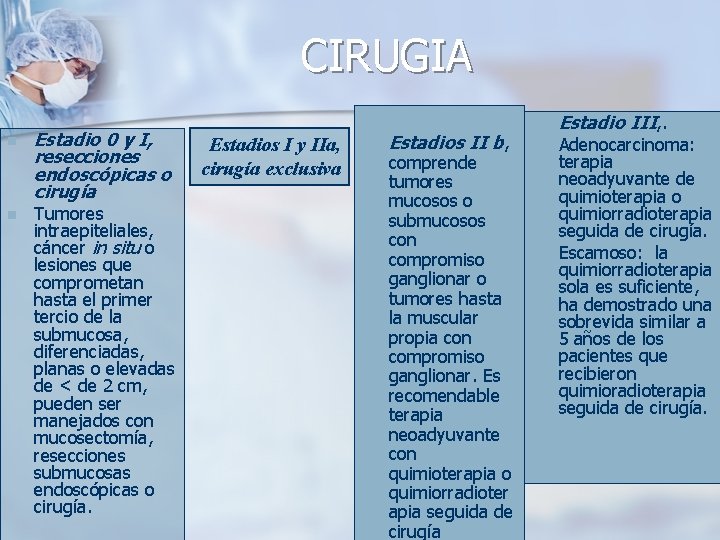 CIRUGIA n n Estadio 0 y I, resecciones endoscópicas o cirugía Tumores intraepiteliales, cáncer