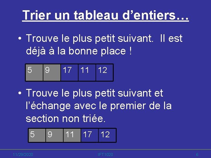 Trier un tableau d’entiers… • Trouve le plus petit suivant. Il est déjà à