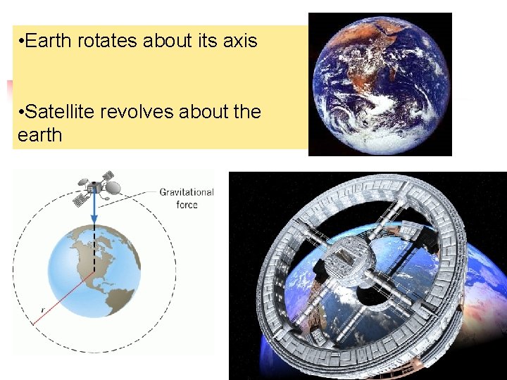 • Earth rotates about its axis • Satellite revolves about the earth • Earth rotates about its axis • Satellite revolves about the earth