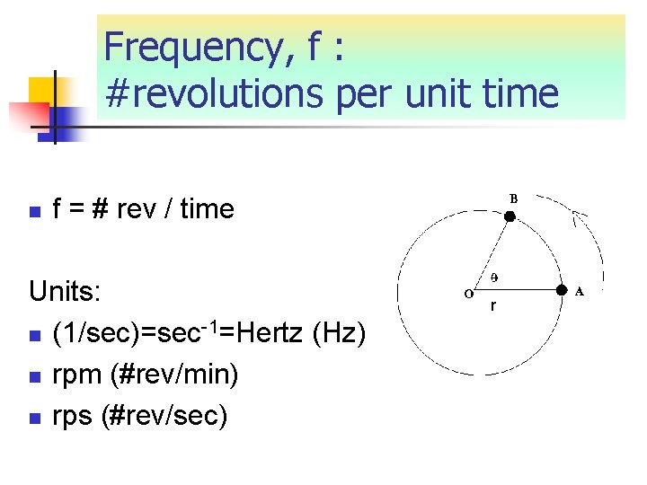 Frequency, f : #revolutions per unit time n f = # rev / time