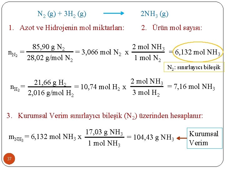 N 2 (g) + 3 H 2 (g) 1. Azot ve Hidrojenin mol miktarları:
