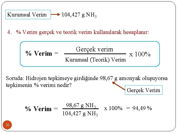 Kurumsal Verim 104, 427 g NH 3 4. % Verim gerçek ve teorik verim