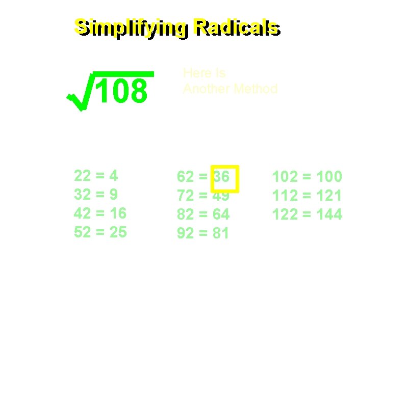 Simplifying Radicals 108 Here Is Another Method Find the largest perfect square that will