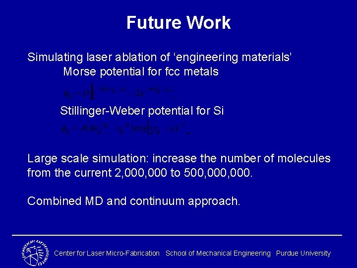 Future Work Simulating laser ablation of ‘engineering materials’ Morse potential for fcc metals Stillinger-Weber