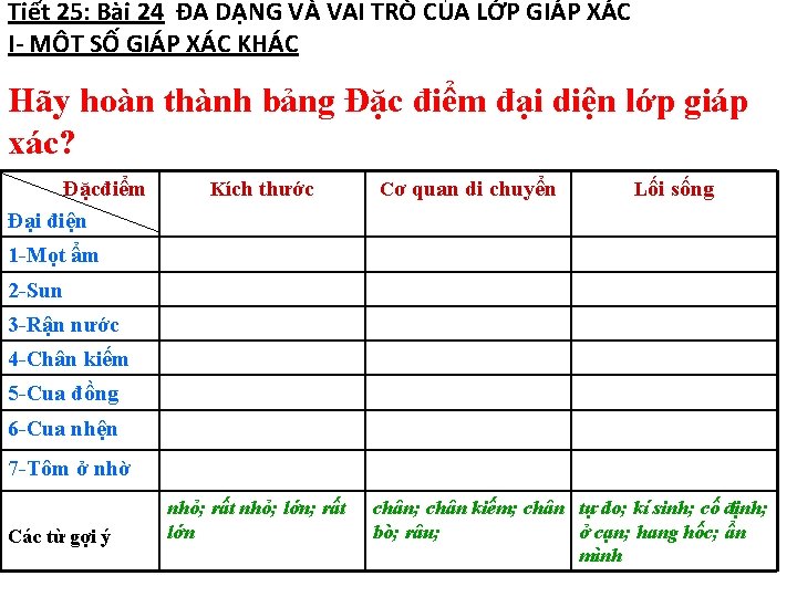 Tiết 25: Bài 24 ĐA DẠNG VÀ VAI TRÒ CỦA LỚP GIÁP XÁC I-