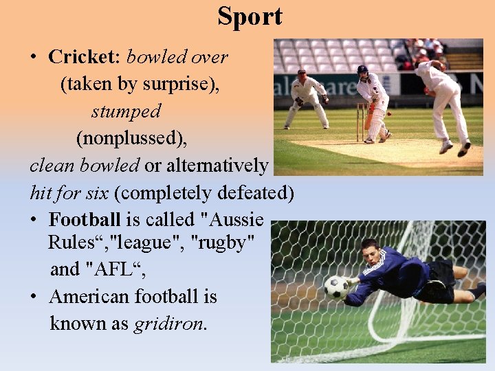 Sport • Cricket: bowled over (taken by surprise), stumped (nonplussed), clean bowled or alternatively