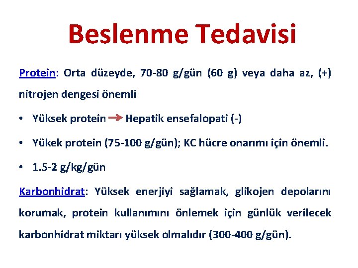Beslenme Tedavisi Protein: Orta düzeyde, 70 -80 g/gün (60 g) veya daha az, (+)