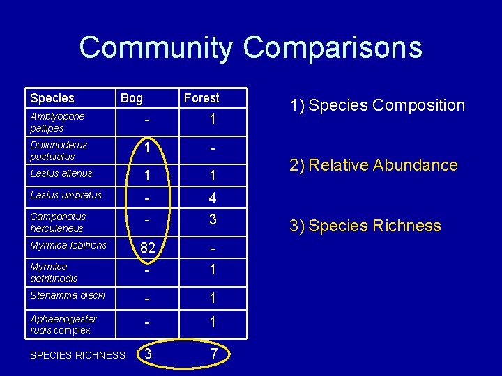 Community Comparisons Species Bog Forest Amblyopone pallipes - 1 Dolichoderus pustulatus 1 - Lasius