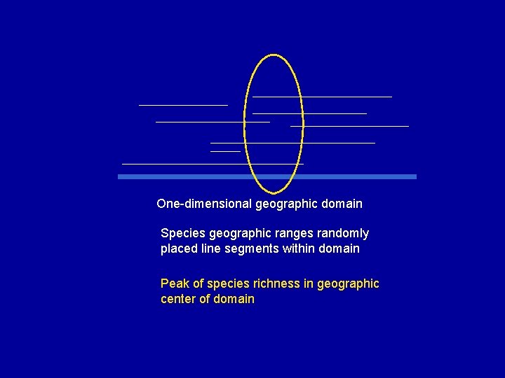One-dimensional geographic domain Species geographic ranges randomly placed line segments within domain Peak of