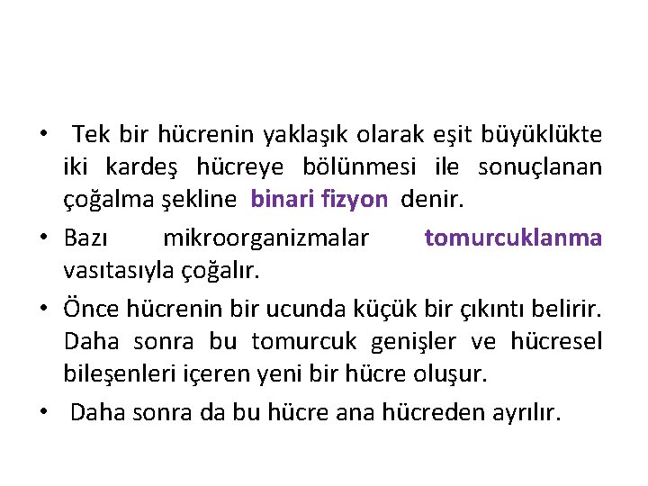  • Tek bir hücrenin yaklaşık olarak eşit büyüklükte iki kardeş hücreye bölünmesi ile