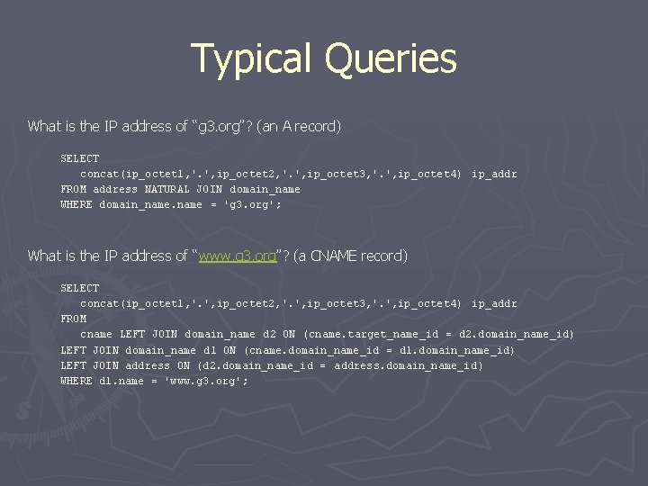 Typical Queries What is the IP address of “g 3. org”? (an A record)