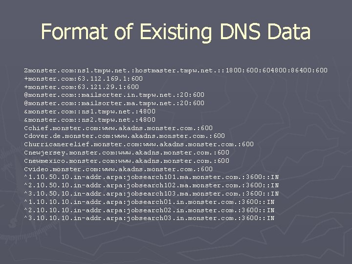 Format of Existing DNS Data Zmonster. com: ns 1. tmpw. net. : hostmaster. tmpw.