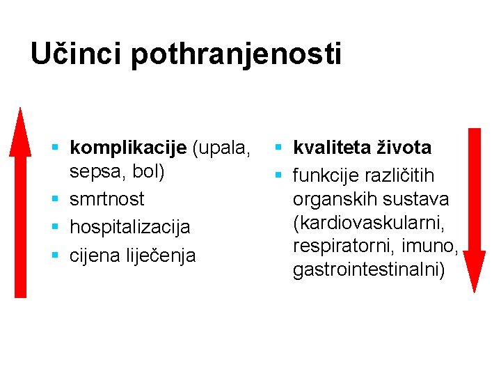 Učinci pothranjenosti § komplikacije (upala, § kvaliteta života sepsa, bol) § funkcije različitih §