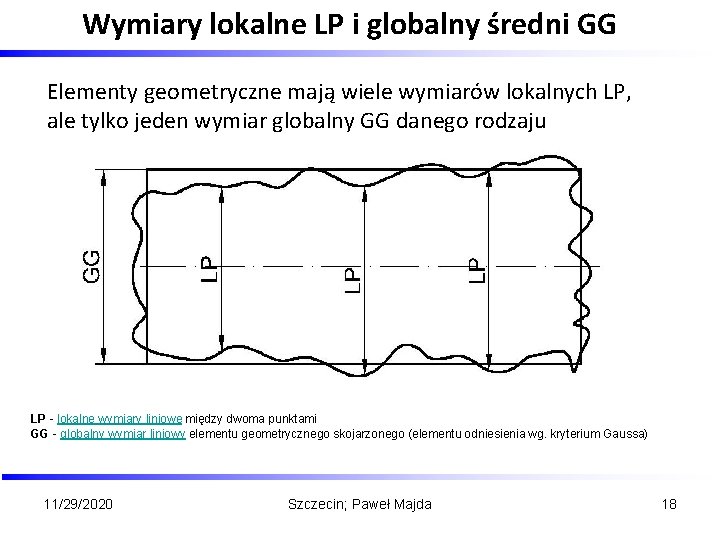 Wymiary lokalne LP i globalny średni GG Elementy geometryczne mają wiele wymiarów lokalnych LP,