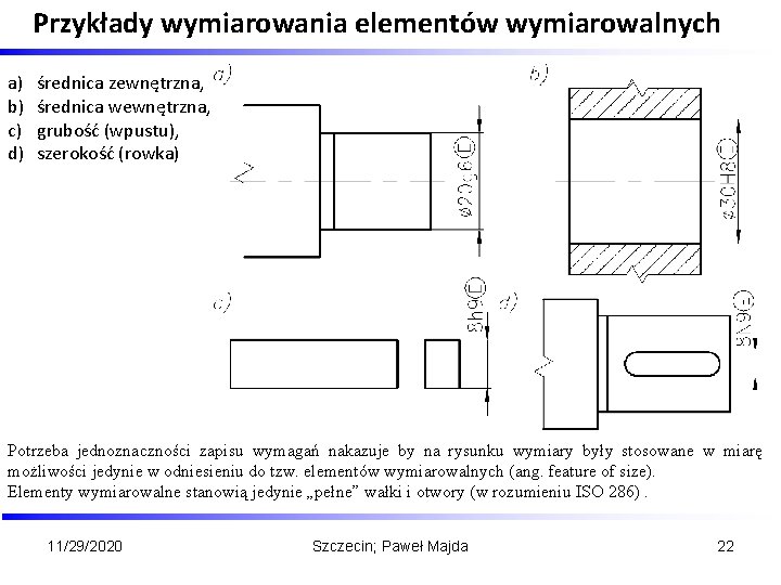 Przykłady wymiarowania elementów wymiarowalnych a) b) c) d) średnica zewnętrzna, średnica wewnętrzna, grubość (wpustu),