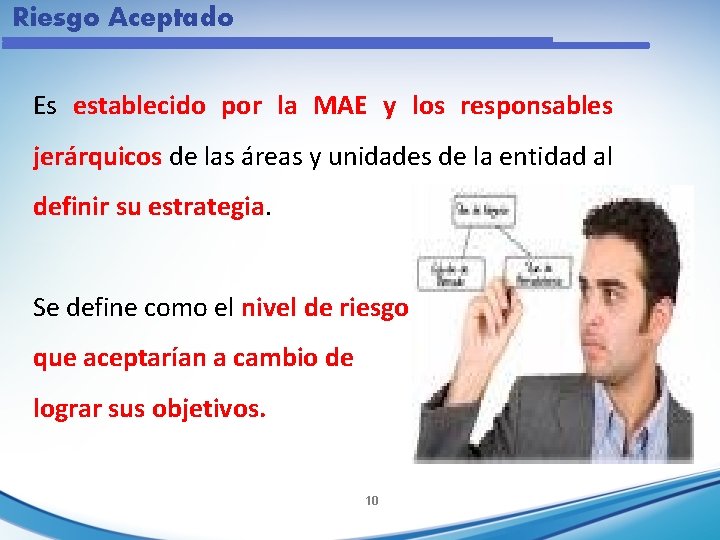Riesgo Aceptado Es establecido por la MAE y los responsables jerárquicos de las áreas