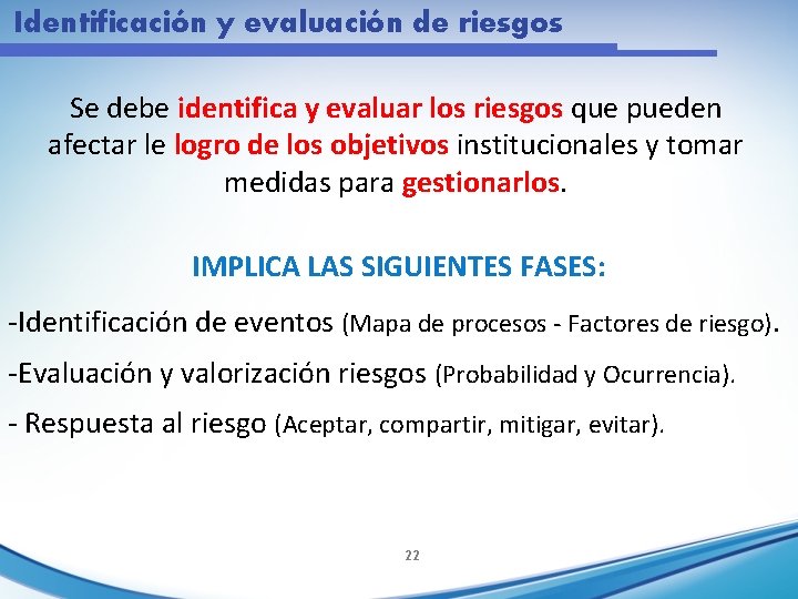 Identificación y evaluación de riesgos Se debe identifica y evaluar los riesgos que pueden