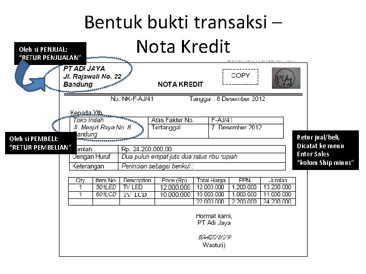 Oleh si PENJUAL: “RETUR PENJUALAN” Oleh si PEMBELI: “RETUR PEMBELIAN” Bentuk bukti transaksi –