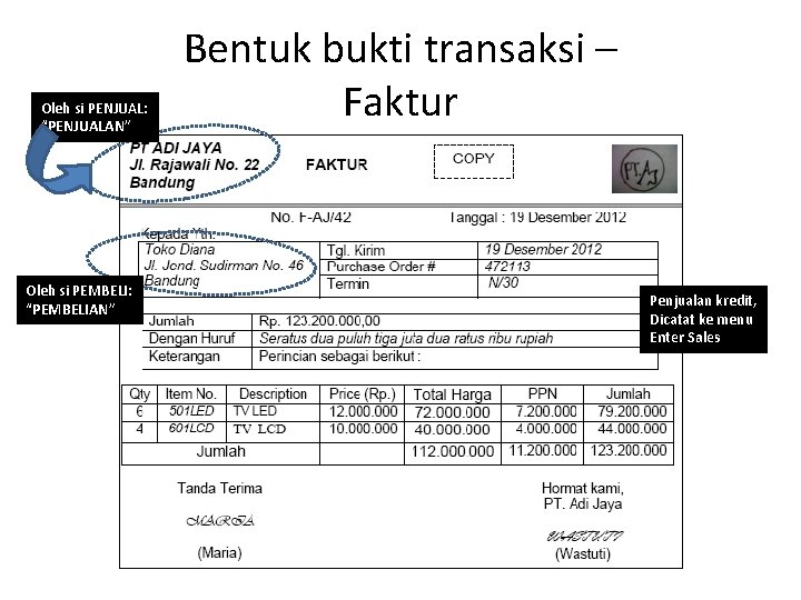 Oleh si PENJUAL: “PENJUALAN” Oleh si PEMBELI: “PEMBELIAN” Bentuk bukti transaksi – Faktur Penjualan