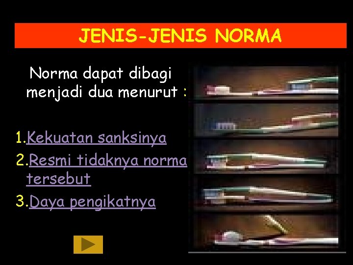 JENIS-JENIS NORMA Norma dapat dibagi menjadi dua menurut : 1. Kekuatan sanksinya 2. Resmi