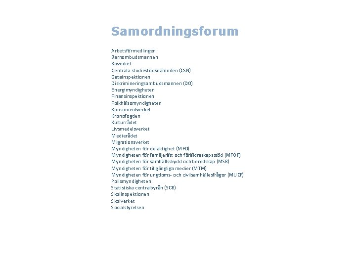 Samordningsforum Arbetsförmedlingen Barnombudsmannen Boverket Centrala studiestödsnämnden (CSN) Datainspektionen Diskrimineringsombudsmannen (DO) Energimyndigheten Finansinspektionen Folkhälsomyndigheten Konsumentverket