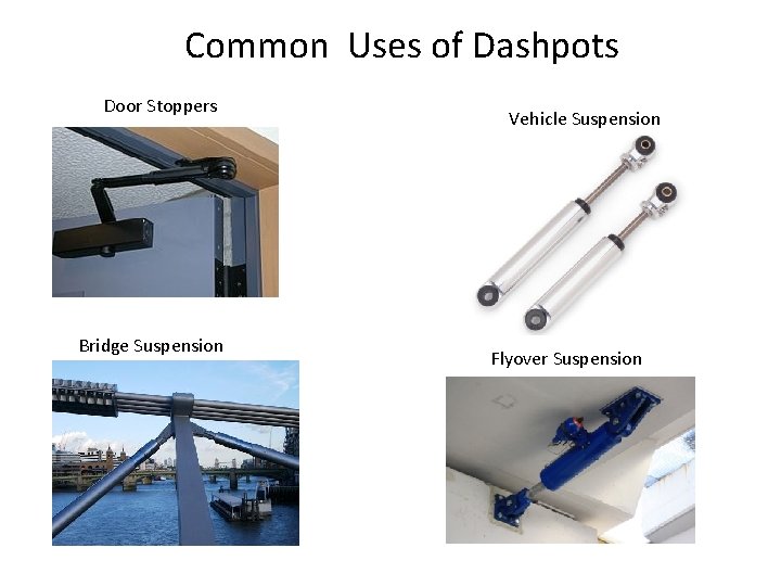 Common Uses of Dashpots Door Stoppers Bridge Suspension Vehicle Suspension Flyover Suspension 