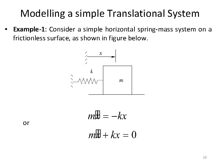 Modelling a simple Translational System • Example-1: Consider a simple horizontal spring-mass system on Modelling a simple Translational System • Example-1: Consider a simple horizontal spring-mass system on