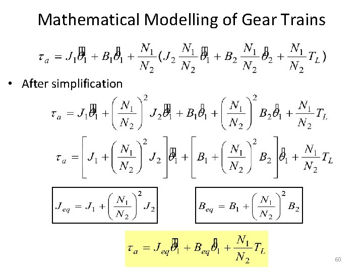 Mathematical Modelling of Gear Trains • After simplification 60 