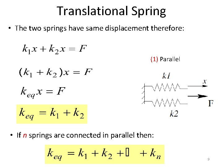 Translational Spring • The two springs have same displacement therefore: (1) Parallel • If