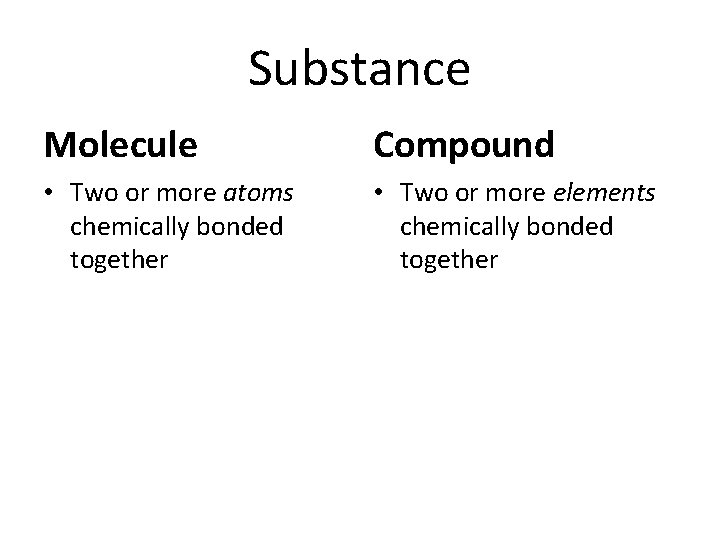 Substance Molecule Compound • Two or more atoms chemically bonded together • Two or