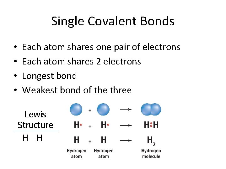 Single Covalent Bonds • • Each atom shares one pair of electrons Each atom