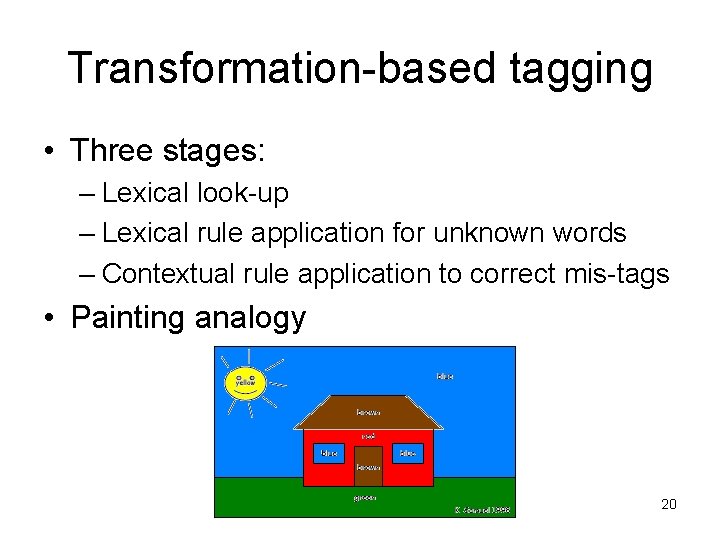 Transformation-based tagging • Three stages: – Lexical look-up – Lexical rule application for unknown