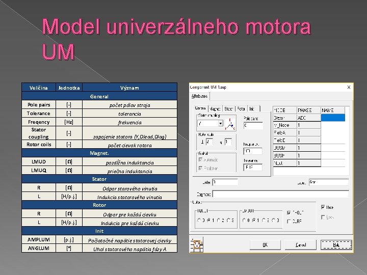 Model univerzálneho motora UM Veličina Jednotka Význam General Pole pairs [-] počet pólov stroja