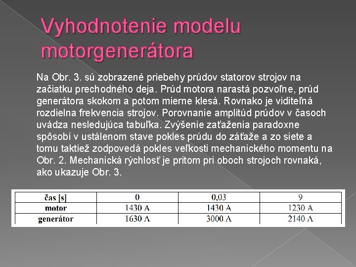 Vyhodnotenie modelu motorgenerátora Na Obr. 3. sú zobrazené priebehy prúdov statorov strojov na začiatku