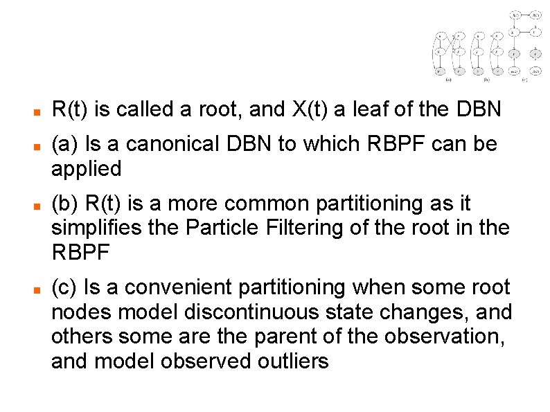 RBPF DBNs R(t) is called a root, and X(t) a leaf of the DBN