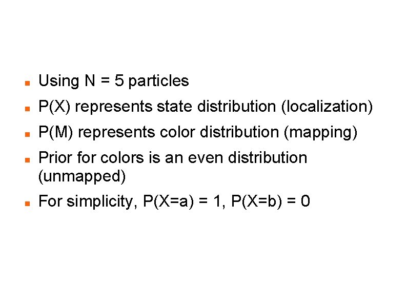 RBPF SLAM Using N = 5 particles P(X) represents state distribution (localization) P(M) represents