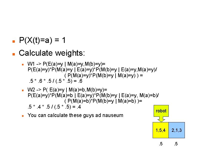 RBPF SLAM P(X(t)=a) = 1 Calculate weights: W 1 -> P(E(a)=y | M(a)=y, M(b)=y)=