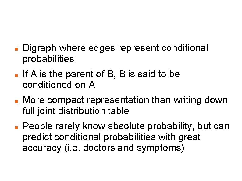 Bayesian Network Digraph where edges represent conditional probabilities If A is the parent of