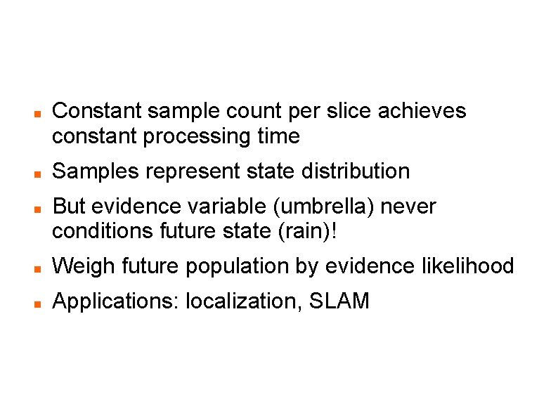 Particle Filtering Constant sample count per slice achieves constant processing time Samples represent state