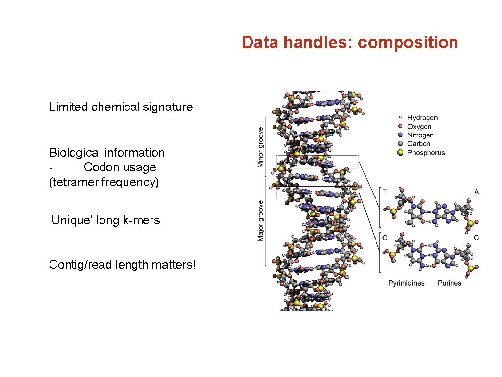 Data handles: composition Limited chemical signature Biological information Codon usage (tetramer frequency) ‘Unique’ long