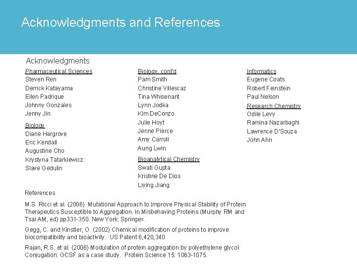 Acknowledgments and References Acknowledgments Pharmaceutical Sciences Steven Ren Derrick Katayama Ellen Padrique Johnny Gonzales